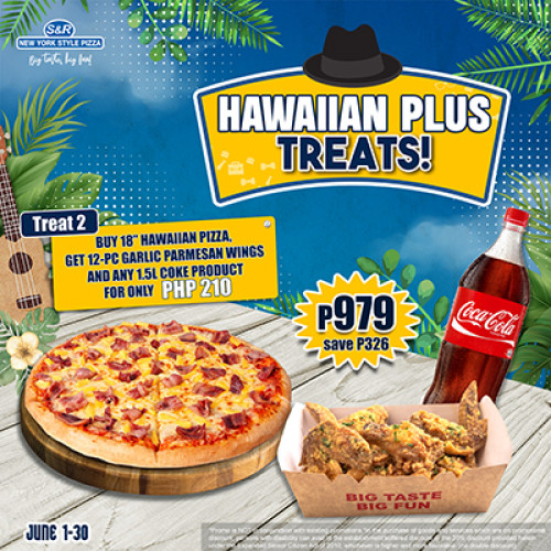 HAWAIIAN PLUS TREATS (Hawaiian Pizza & 12pcs Garlic Parmesan Wings) COKE